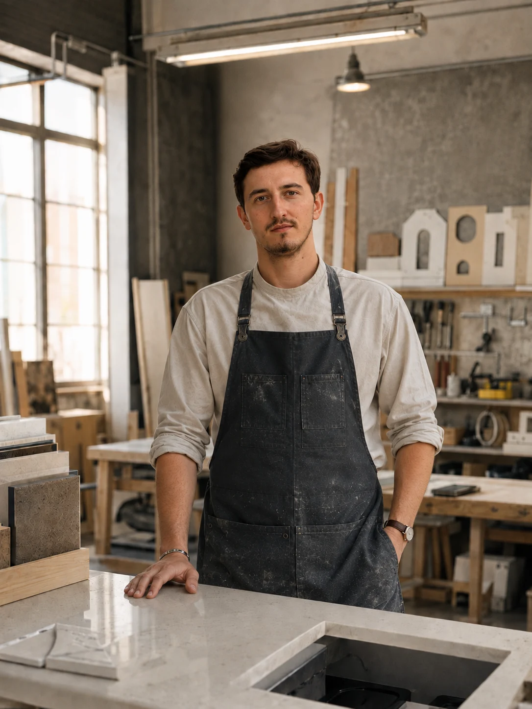 Roman Simankov in the workshop next to a finished acrylic solid surface counter